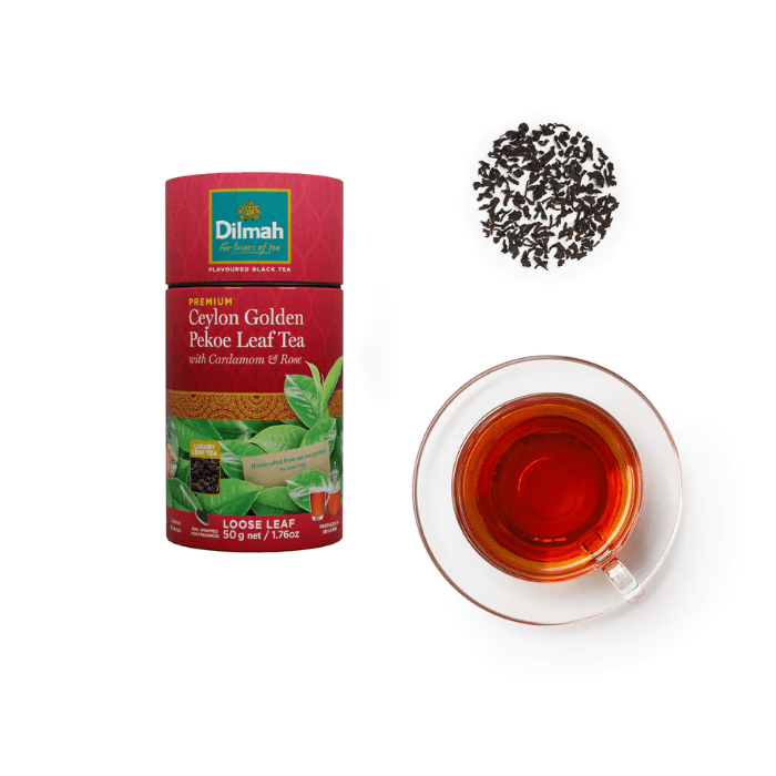 Load image into Gallery viewer, Dilmah Paper Canister Ceylon Golden Pekoe With Cardamom &amp; Rose Loose Leaf Tea 50g
