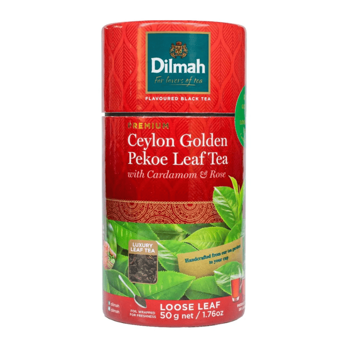 Load image into Gallery viewer, Dilmah Paper Canister Ceylon Golden Pekoe With Cardamom &amp; Rose Loose Leaf Tea 50g
