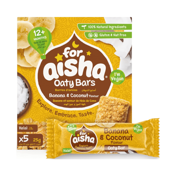 Load image into Gallery viewer, For Aisha Banana &amp; Coconut Halal &amp; Vegan Oaty Snack Bars 125g
