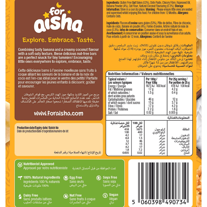 Load image into Gallery viewer, For Aisha Banana &amp; Coconut Halal &amp; Vegan Oaty Snack Bars 125g
