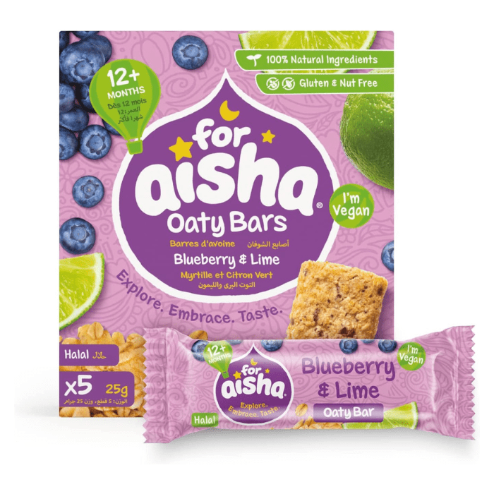 Load image into Gallery viewer, For Aisha Blueberry &amp; Lime Halal &amp; Vegan Oaty Snack Bars 125g
