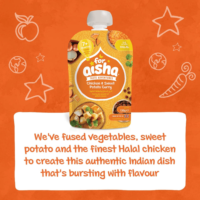 Load image into Gallery viewer, For Aisha Halal Baby Food Chicken &amp; Sweet Potato Curry Pouch 130g

