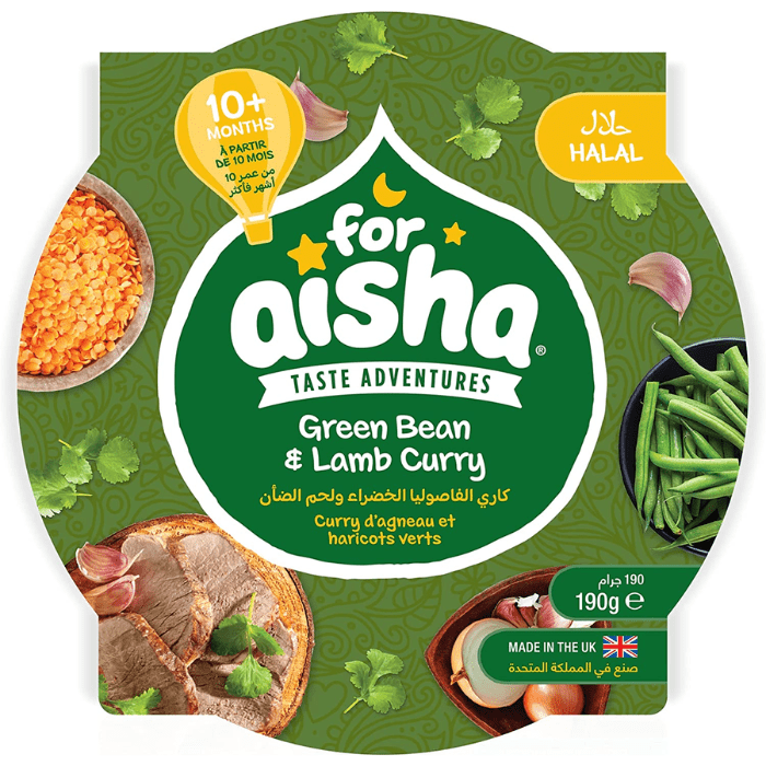 Load image into Gallery viewer, For Aisha Halal Baby Food Green Bean &amp; Lamb Curry With Lentils Tray 190g

