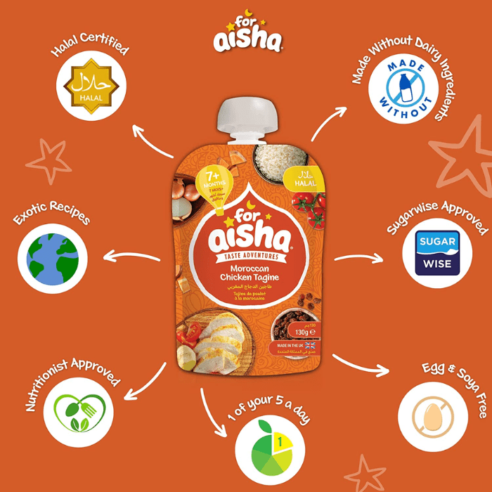 Load image into Gallery viewer, For Aisha Halal Baby Food Moroccan Chicken Tagine with Couscous &amp; Apricots Pouch 130g
