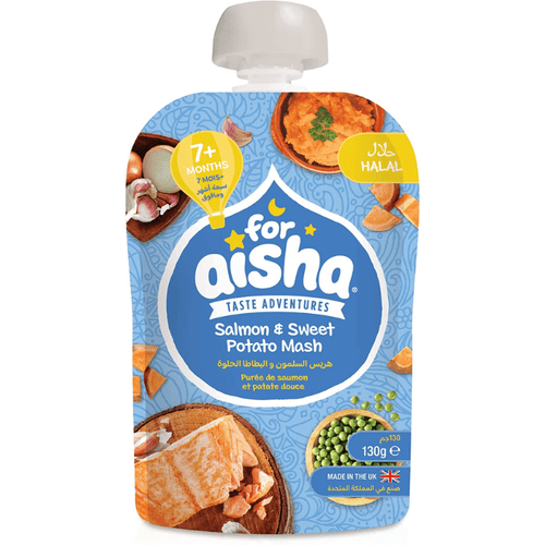 For Aisha Halal Baby Food Salmon And Sweet Potato Mash With Garden Peas Pouch 130g