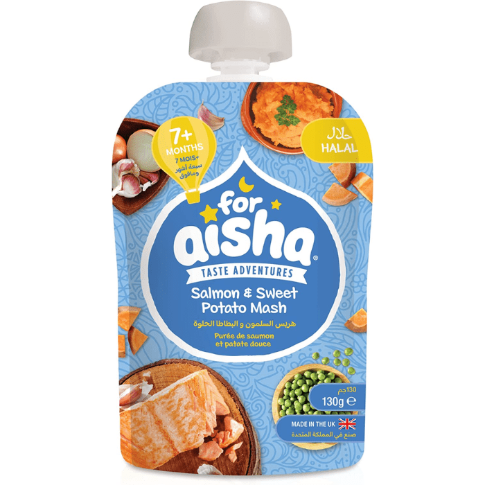 Load image into Gallery viewer, For Aisha Halal Baby Food Salmon And Sweet Potato Mash With Garden Peas Pouch 130g
